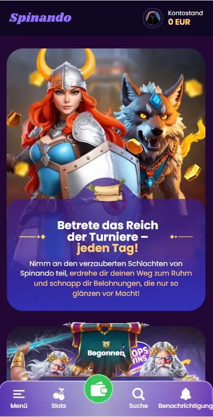 Mobile Ansicht im Online Casino Spinando