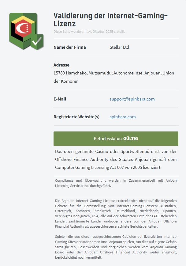 Anjouan Lizenz vom Spinbara Online Casino
