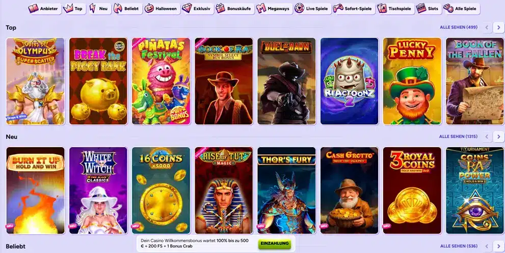 Auswahl der Slots im Spinbara Online Casino
