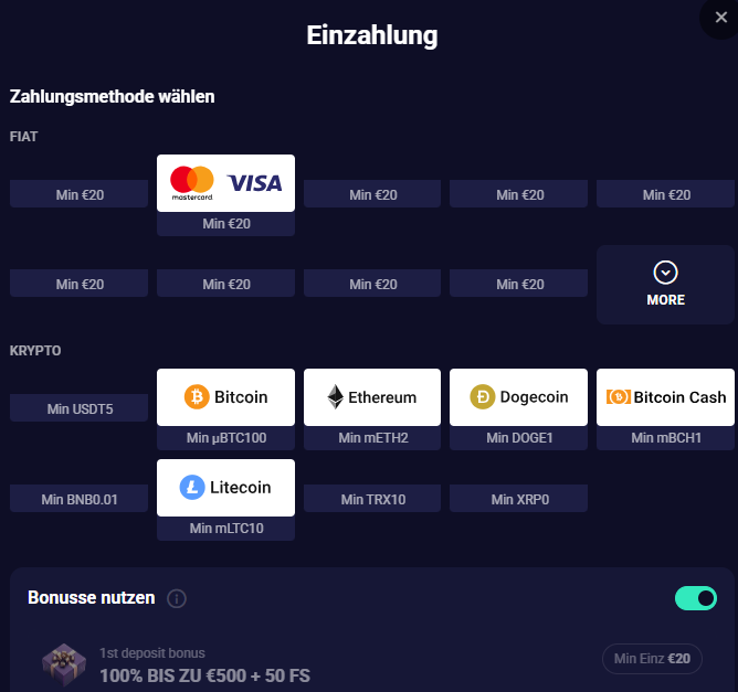 Auszug der Einzahlungsmethoden bei Lucky7even