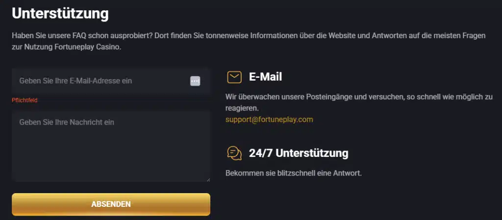 Live Chat und E-Mail Adresse vom Fortuneplay Online Casino