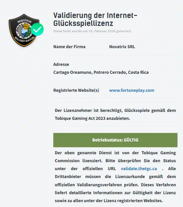 Tobique Lizenz vom Fortuneplay Casino